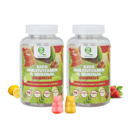 Qaadu Kids Multivitamin Gummies pack 2 | 60 X 2Gummies | Vitamins A, C, D, E, B12, Zinc | Daily Health, Energy Boost, Immune Support | Strawberry & Lemon Flavor | Power & Strength Gummies