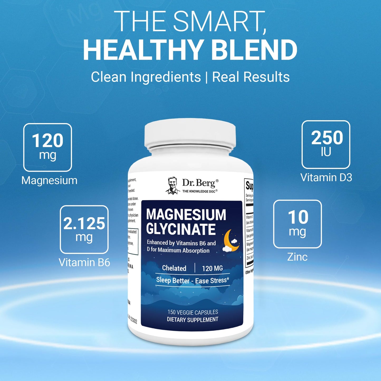 Dr. Berg Magnesium Glycinate with Vitamins D3, B6 & Zinc – 120mg Magnesium per Serving, 150 Capsules