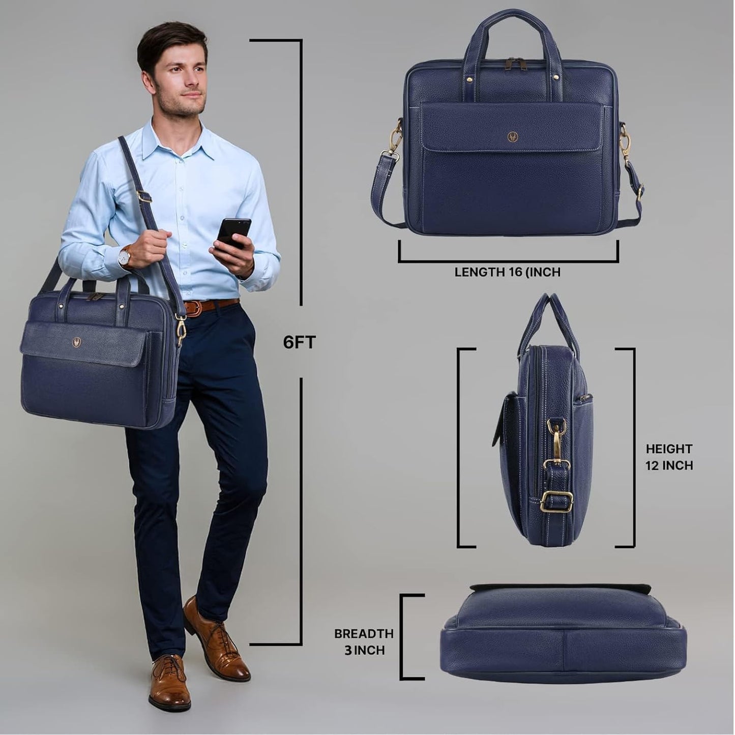 WildHorn Leather Laptop Messenger Bag for Men I Fits Upto 15.6 Inch Laptop/MacBook I Padded Laptop Compartment I Carry Handles with Adjustable Strap I DIMENSION : L-16 inch W-3 inch H-12 inch (Navy)