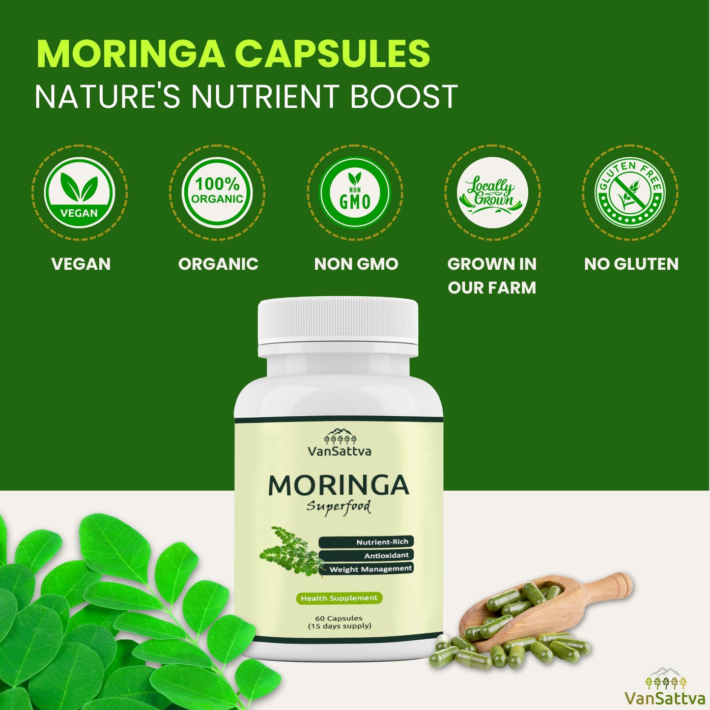 Vansattva Moringa Oleifera Capsules – Natural Leaf Powder Supplement | Plant-Based | 60 Veg Capsules