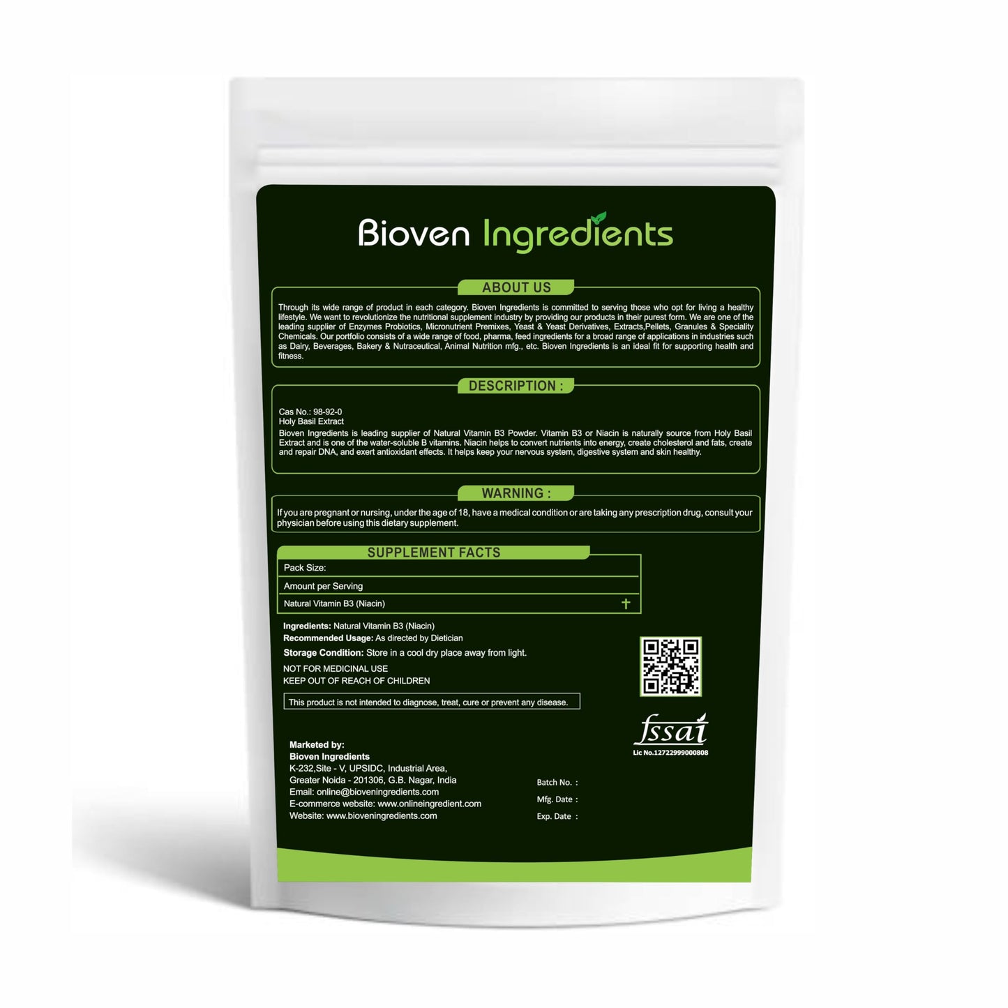 Bioven Ingredients Natural Vitamin B3 Powder, Derived from 100% Natural & Organic Amla Extract, Non-GMO Supplement, No Preservatives, Sugar, Gluten or Dairy Free Powder