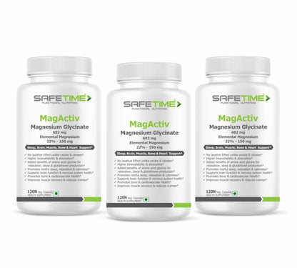 SAFETIME MagActiv MAGNESIUM GLYCINATE (Elemental Magnesium 150 mg per Capsule) Chelated, Bioavailable & Safe Sleep, Bone, Muscle, Heart Health (120x3 Pack= 360 Veg. Capsules)