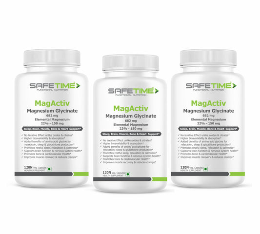 SAFETIME MagActiv MAGNESIUM GLYCINATE (Elemental Magnesium 150 mg per Capsule) Chelated, Bioavailable & Safe Sleep, Bone, Muscle, Heart Health (120x3 Pack= 360 Veg. Capsules)