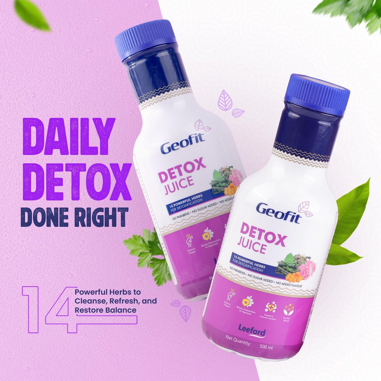 Geofit Detox Juice 500ml to Boost Metabolism & Digestion | Detoxifies Body, Purifies Blood & Reduces Fatigue | 14 Ayurvedic Herbs for Natural Cleanse | Weight Loss & Boost Energy Levels - Pack of 2