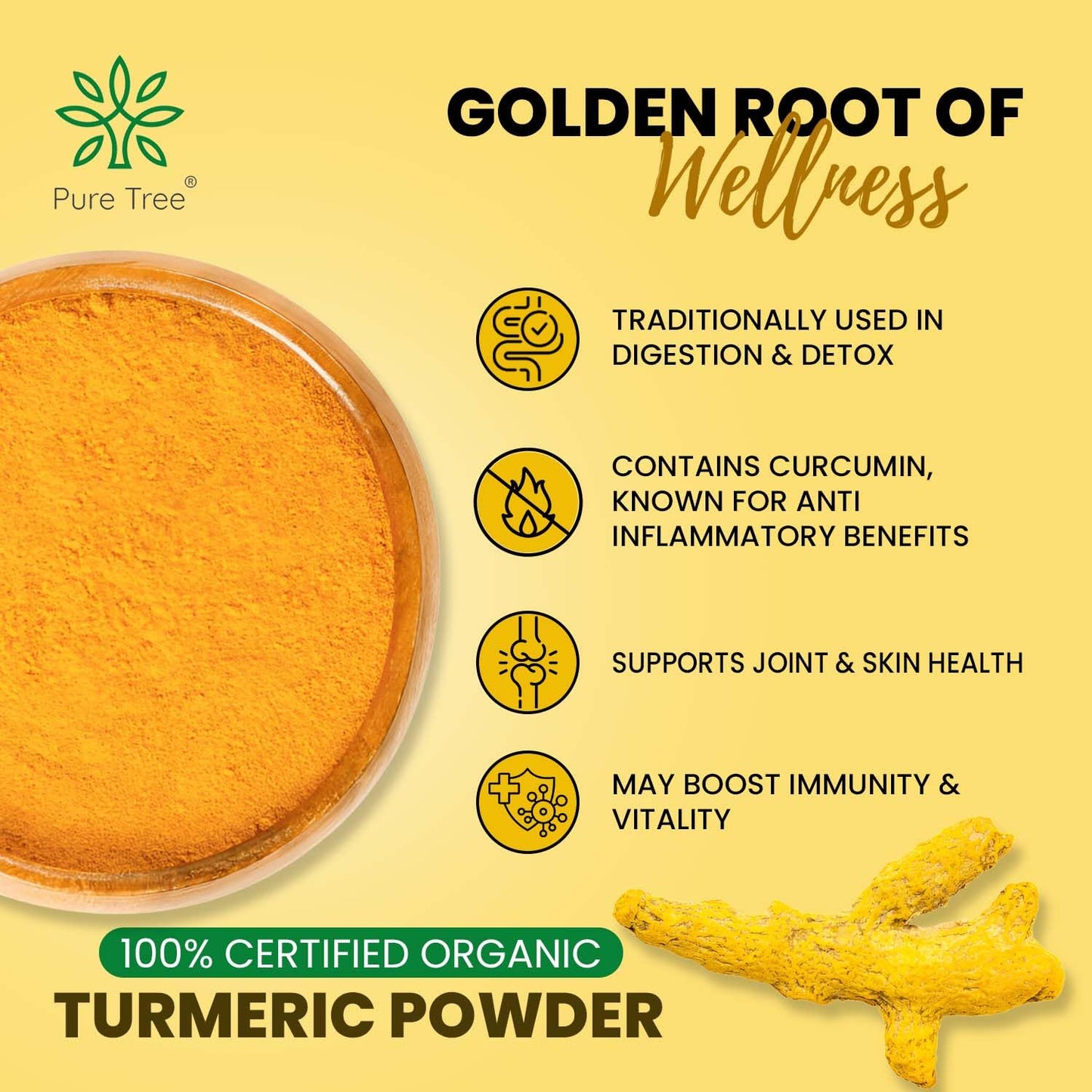 Pure Tree Certified Organic Haldi Powder | 80 g | Glass Jar | Turmeric Powder | Spice Masala Powder Raw for Milk | Strong Antioxidant