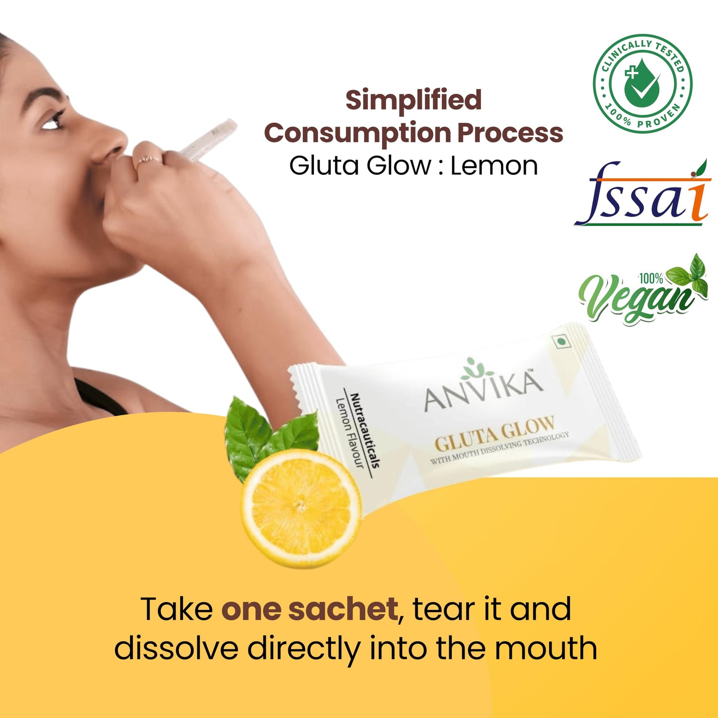 Anvika Gluta Glow with L-Glutathione & Vitamin C | Skin Brightening & Antioxidant Support | Lemon Flavor | Mouth dissolving Glutathione | 15 Sachet
