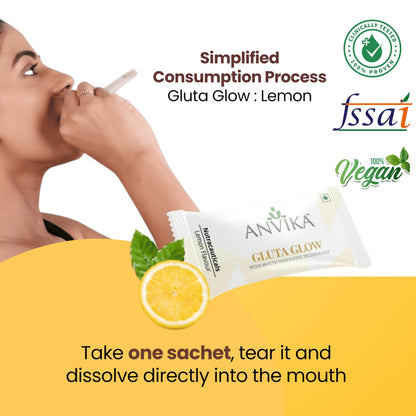 Anvika Gluta Glow with L-Glutathione & Vitamin C | Skin Brightening & Antioxidant Support | Lemon Flavor | Mouth dissolving Glutathione | 15 Sachet