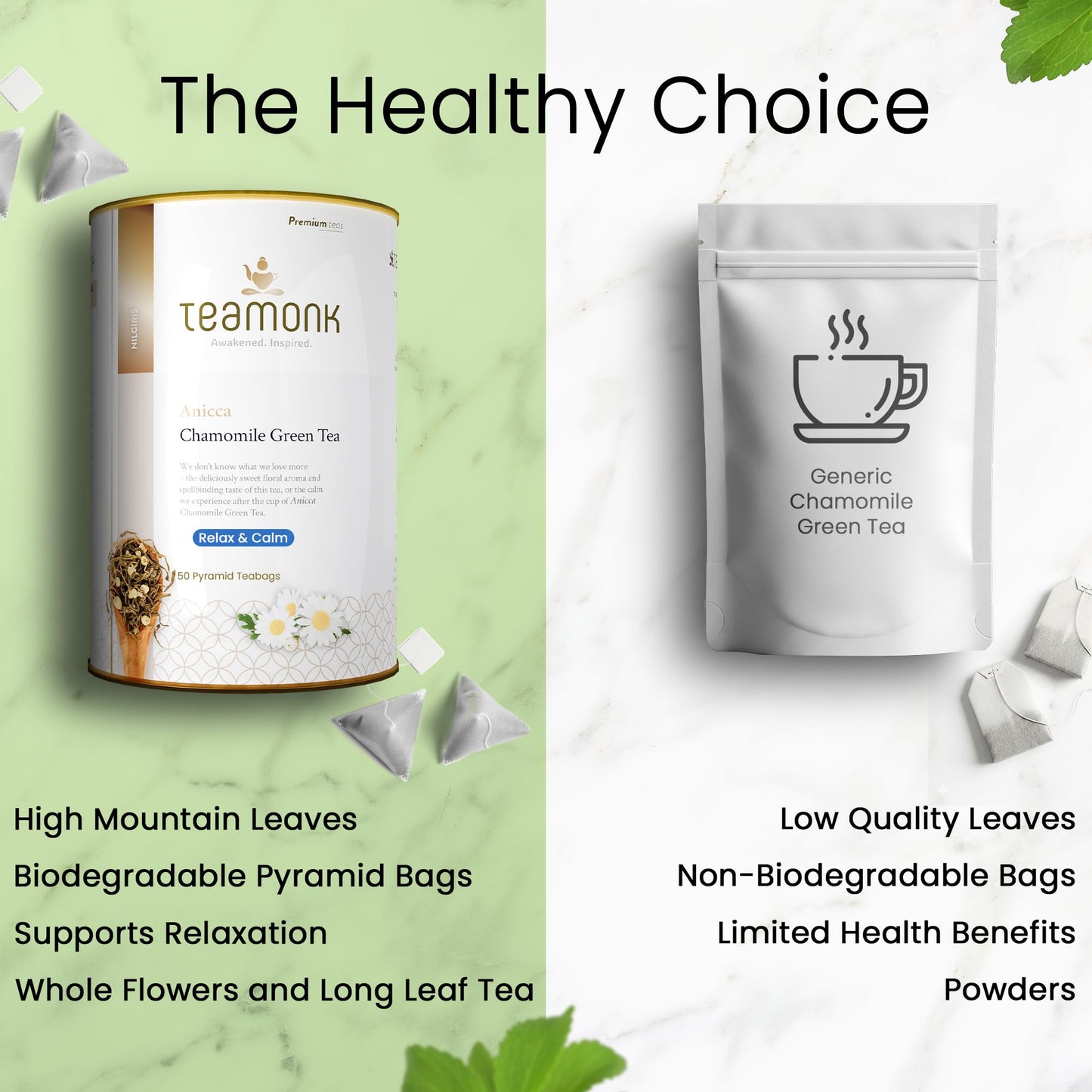 Teamonk Anicca High Mountain Chamomile Green Tea Bags (50 Pyramid Bags) | Relaxation & Sleep Aid, Rich in Antioxidants, Stress Relief | Gluten-Free, Eco-conscious | Calming Gifts For Anxiety