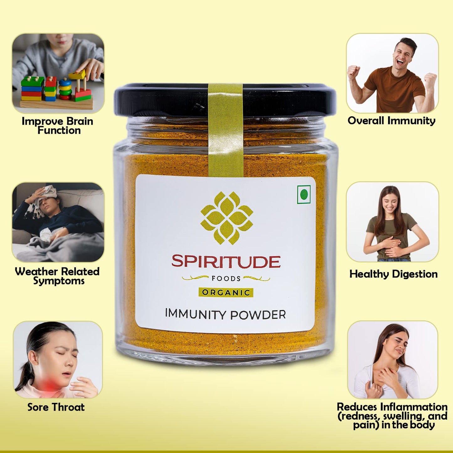 Spiritude Immunity Booster Powder for Adults and Kids 100% Organic 11 Highly Potent NPOP Certified Ingredients to Boost Brain Function, Immunity and Reduces Inflammation (100gm)