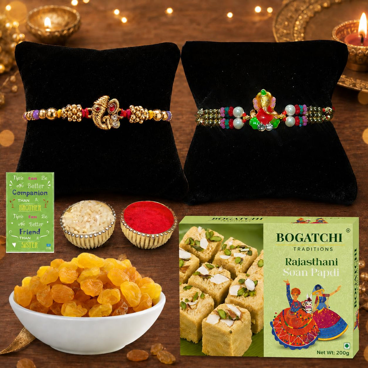 BOGATCHI Rakhi Gift Hamper for Brother with Soan Papdi 200g, Natural Raisins 30g | 2 Elegant Ganesha Rakhi with Moli Thread, Roli Chawal & Greeting Card | Traditional Festive Sweets Box