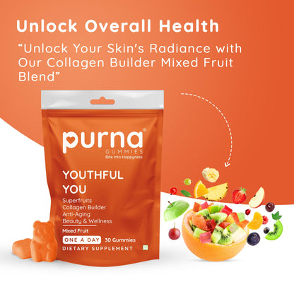 gummies purna Superfruits Collagen Gummies Mixed Fruit Flavor, with Vitamin A,Vitamin C, Vitamin E, and Zinc, for Healthy Hair, and Helps Relieve Hairfall, 30 Days Pack