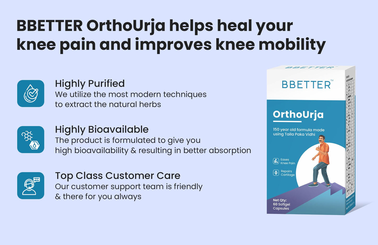 BBETTER OrthoUrja -Ayurvedic Knee Pain, Joint Pain & Arthirits Relief | Made by Taila Paka Vidhi method | 60 softgels for knee pain, joint pain & arthritis relief