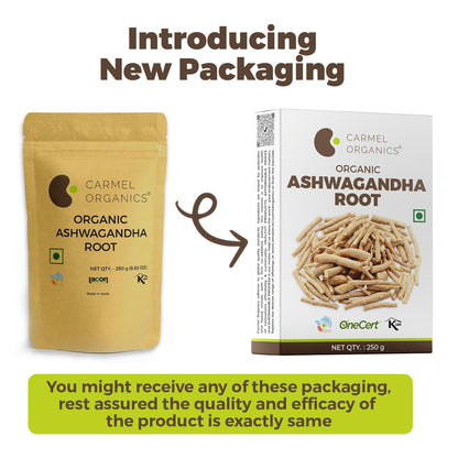 CARMEL ORGANICS Ashwagandha Root Whole (250 g) | Jaivik Bharat Certified | Helps Fight Anxiety and Stress | Withania Somnifera | Non-GMO | No added Preservatives