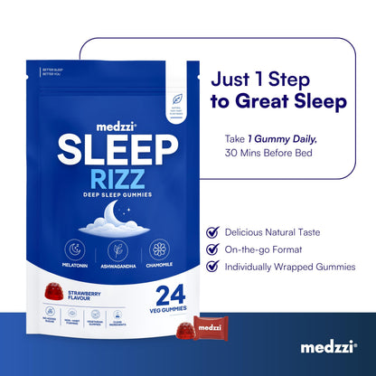Medzzi Sleep Rizz Gummies with Melatonin, Ashwagandha & Chamomile | Promotes Deep Sleep, Reduces Stress & Calms Mind | Strawberry Flavour | 24 Veg Gummies