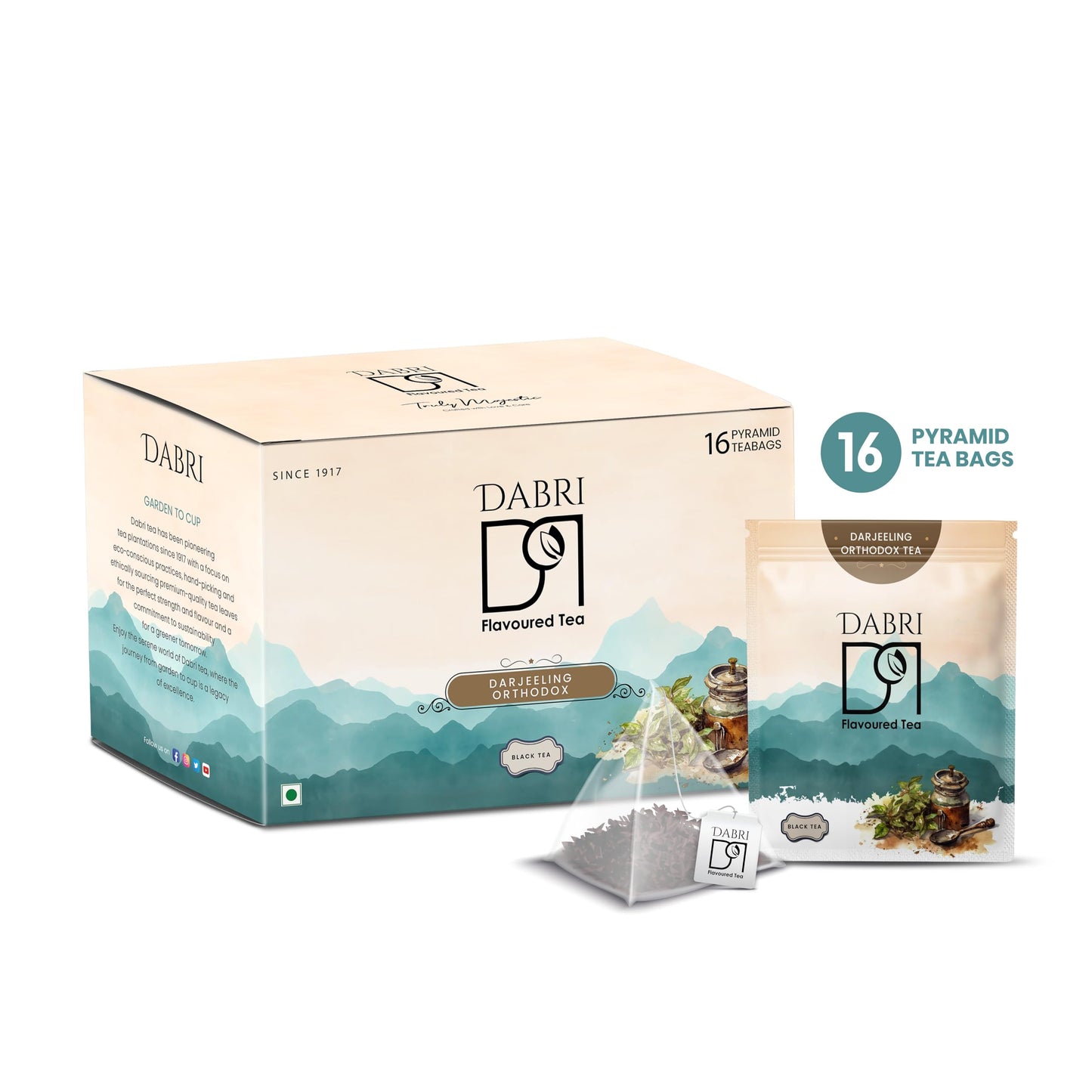 DABRI Darjeeling Orthodox Black Tea 16 Pyramid Dip Tea Bags | No muslin or paper used | Authentic Black Tea from the premium estates in Darjeeling | Light, Floral & Muscatel Flavor