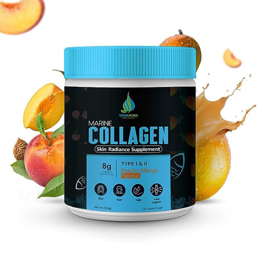 Vedapure Marine Collagen Skin Radiance Supplement |Peachy Mango, 210g |Hydrolyzed Collagen Powder with Amino Acids, Biotion, Vitamin C & E | Healthy Skin, Joints, Hairs & Nails (Pack of 1)