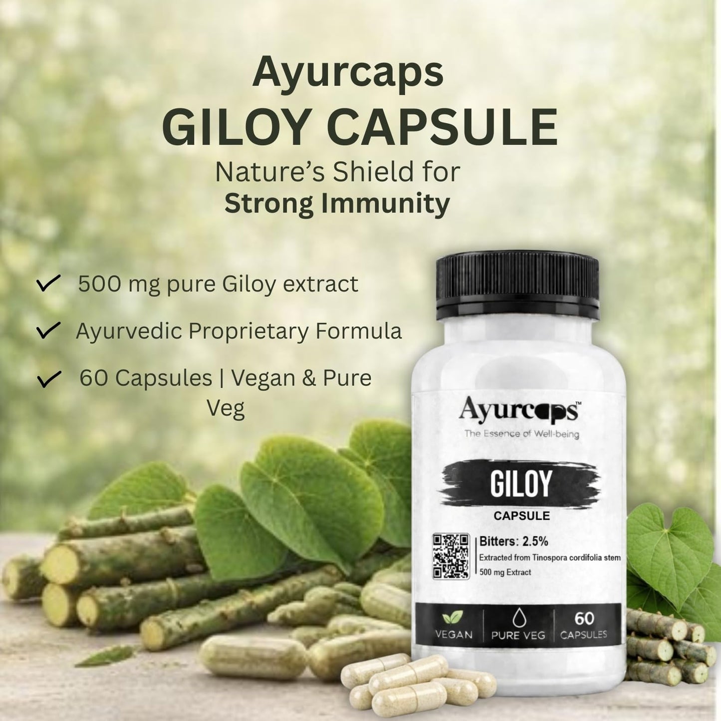 Ayurcaps Giloy 500mg 60 Veg Capsules | Guduchi Ayurvedic Herbal Supplement | Supports Immunity, Detox & Daily Wellness | Natural Antioxidant & Metabolic Support | Vegan, No Preservatives