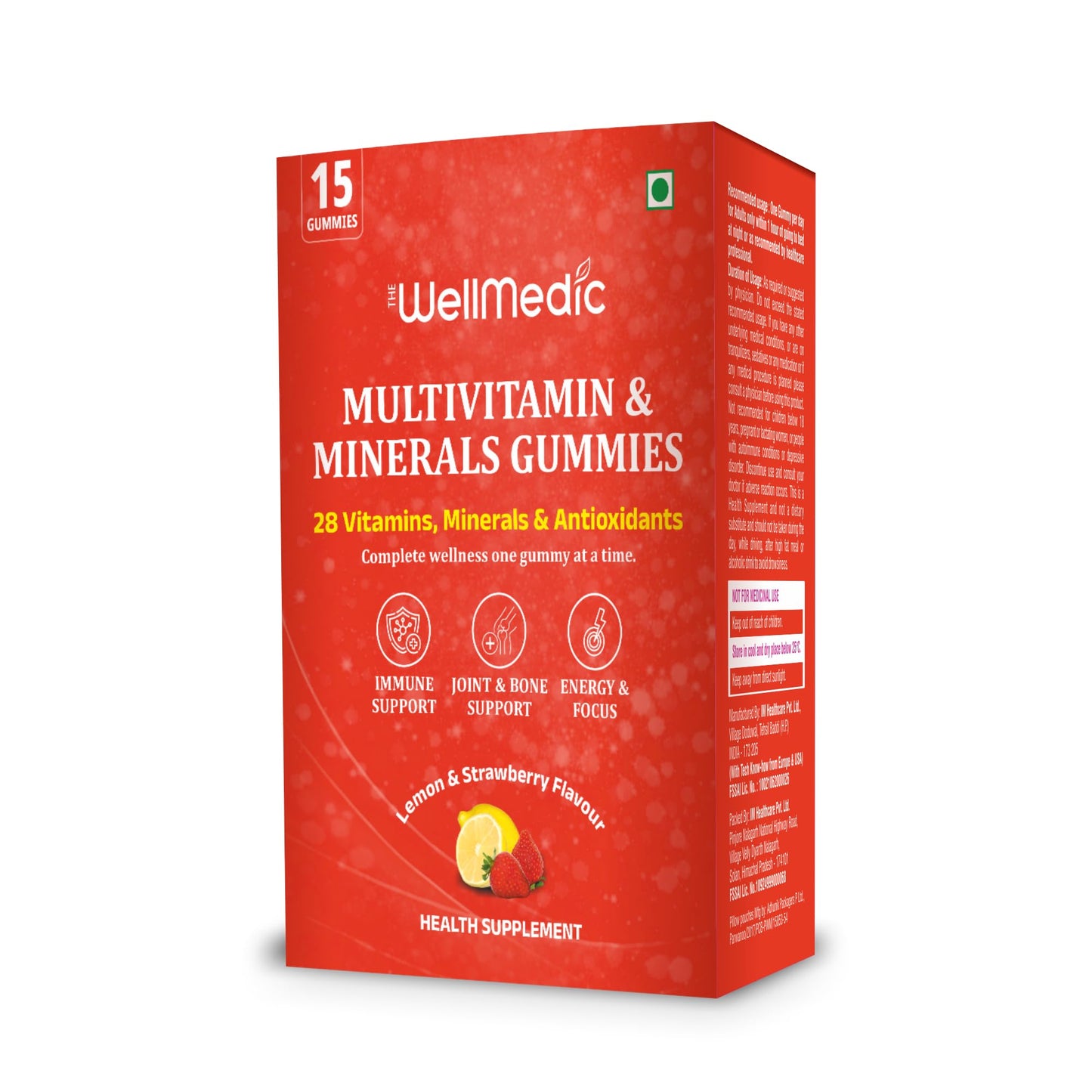 TheWellMedic Multivitamin & Minerals Gummies – 28 Essential Nutrients | Immune, Energy & Bone Support |Formulated with USA & Europe Technical Expertise|Lemon & Strawberry Flavour | 15 Gummies