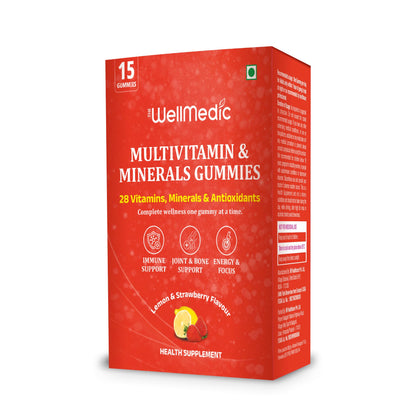 TheWellMedic Multivitamin & Minerals Gummies – 28 Essential Nutrients | Immune, Energy & Bone Support |Formulated with USA & Europe Technical Expertise|Lemon & Strawberry Flavour | 15 Gummies