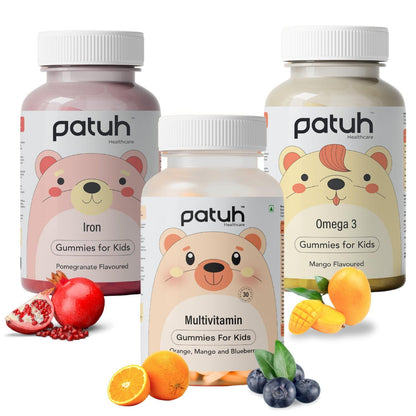 Patuh Healthcare Junior Iron, Multivitamin & Omega 3 Combo | Daily Nutrition for 4–12 Years | Immunity, Brain & Growth Support | Essential Vitamins & Minerals for Children