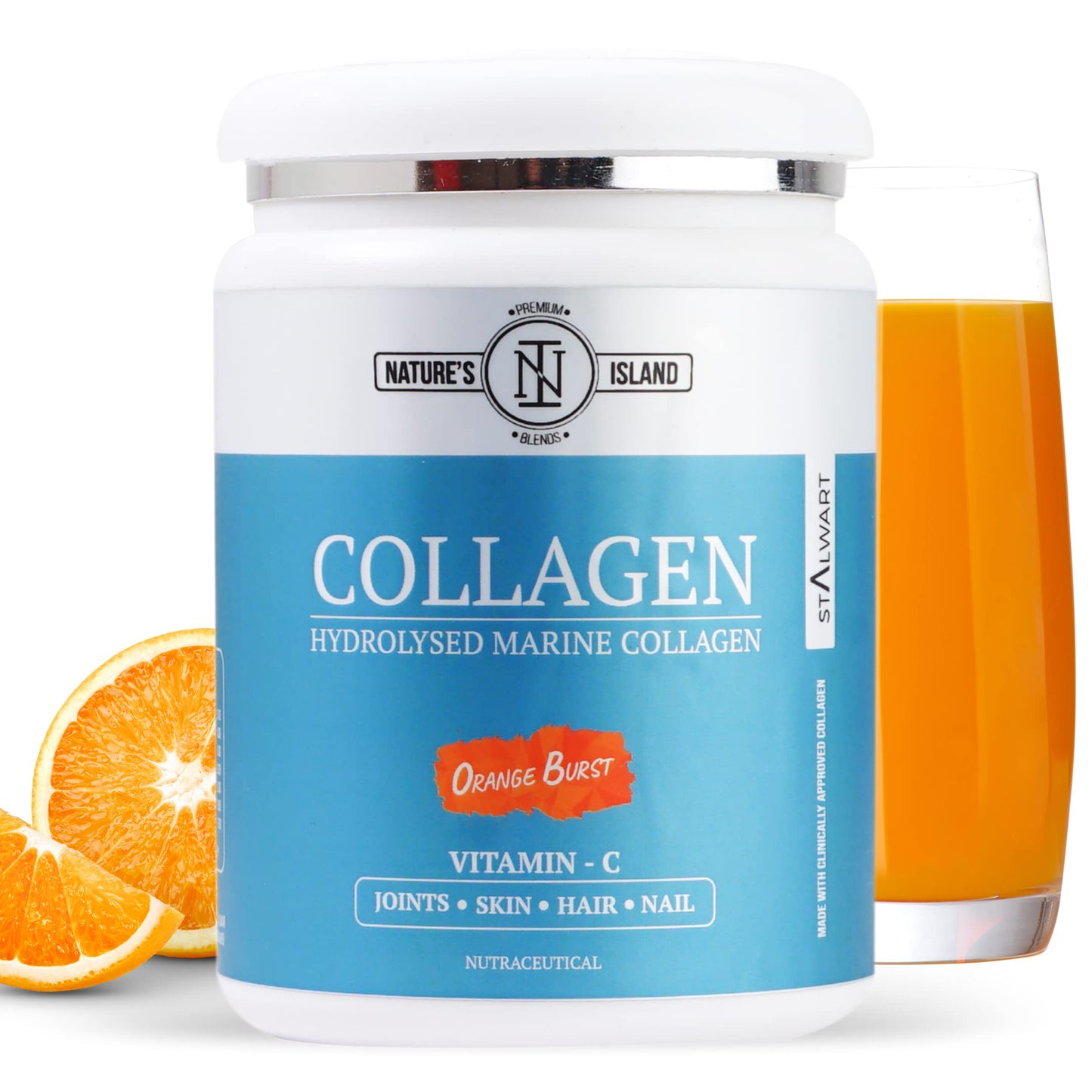 Nature's Island Hydrolyzed Marine Collagen Powder For Women & Men | Collagen Peptides Powder For Bones | Joints | Hair | Skin & Nails | Infused With Vitamin C | 250G Pack Of 1 Bottle- (Orange Burst)