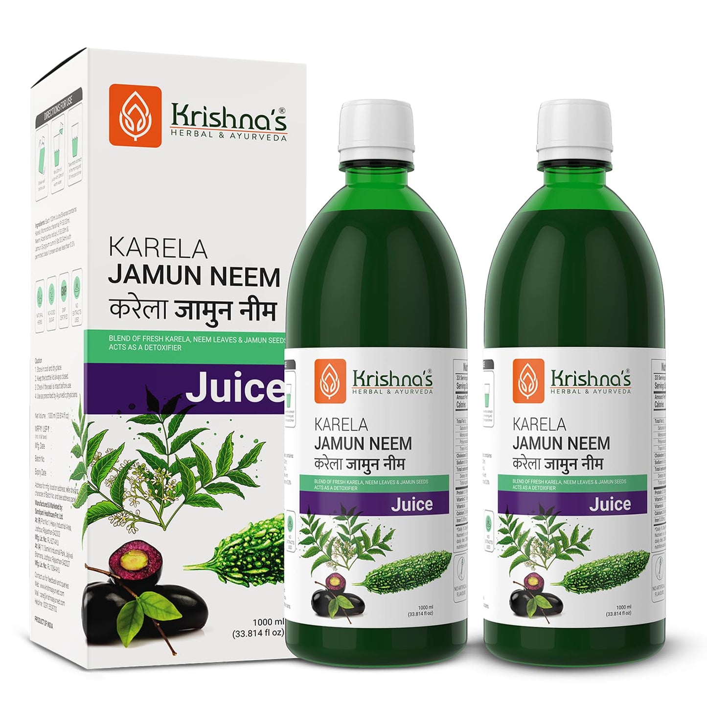 Krishna's Karela Jamun Neem Juice - 1000 ml | Blend Of Fresh Karela, Neem Juice & Jamun Seeds Ayurvedic Solution For Balancing Sugar Levels - (Pack of 2)