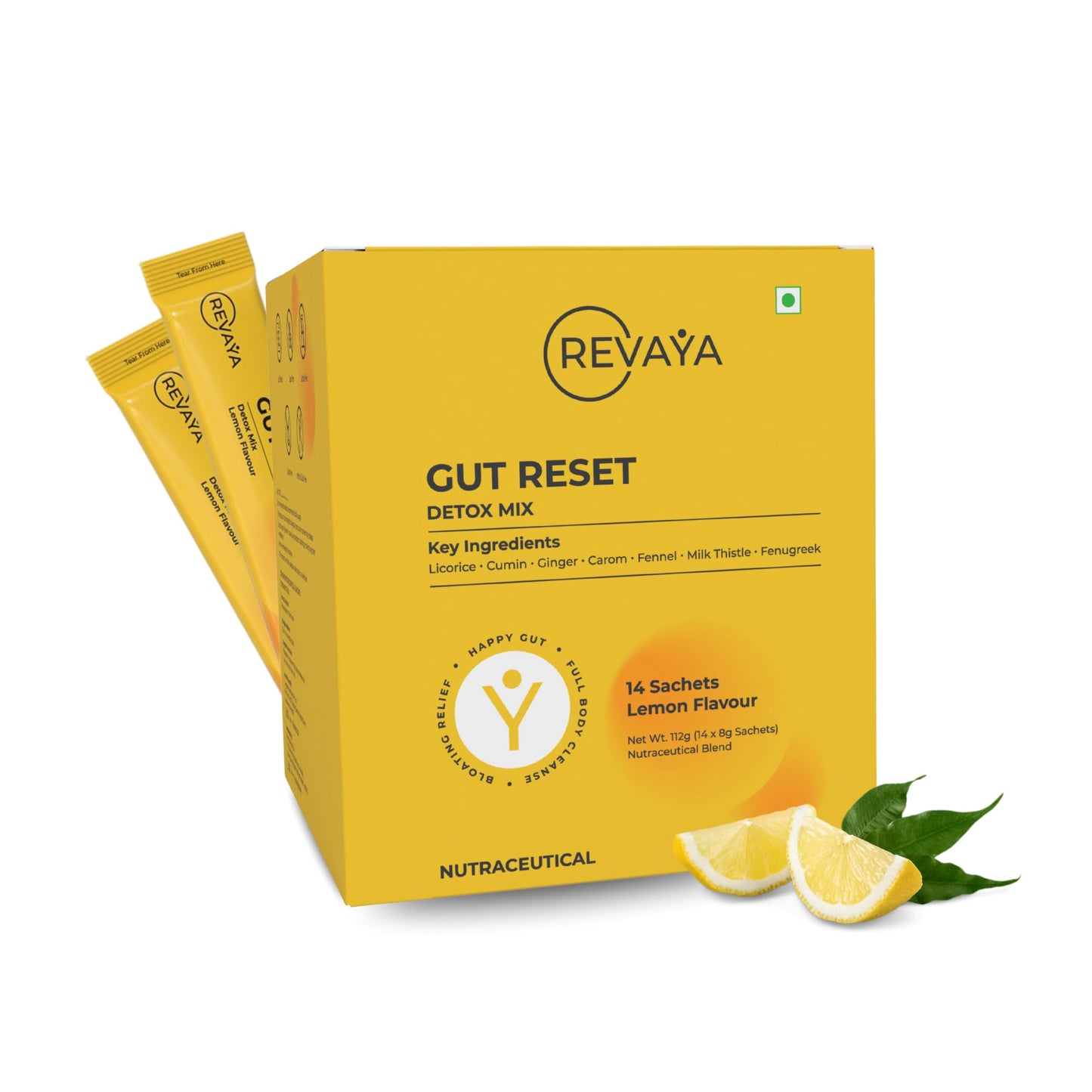 Revaya Gut Reset Detox Drink, Helps in Digestion and Bloating Relief | Ayurvedic Gut Health Formula & Digestion Support | Improve Gut Health with Licorice, Ginger, Fennel, Cumin & Milk Thistle | Gut Cleanser 14 Sachets, Lemon Flavour