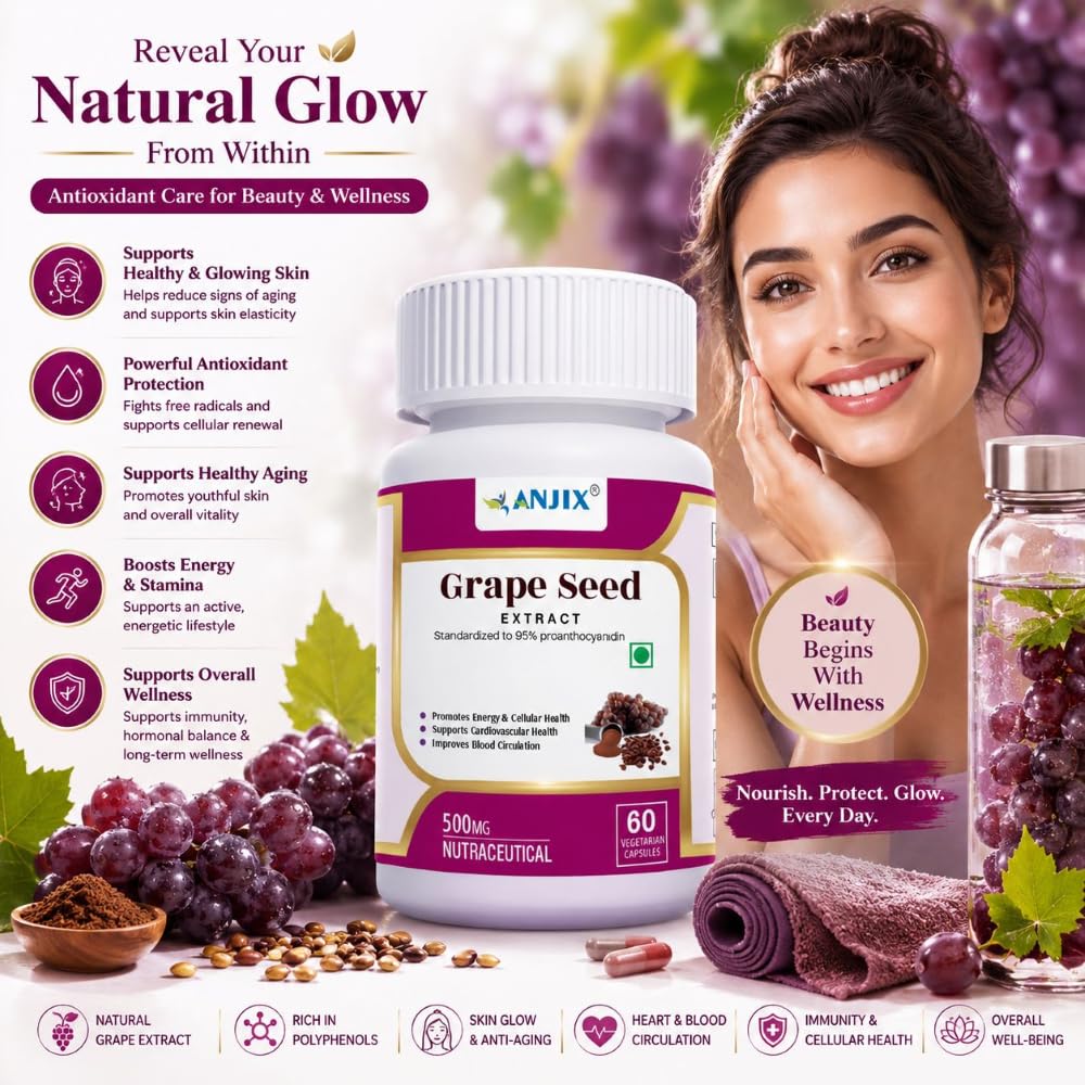 ANJIX Grapes Seed Extract 500mg Capsules, Antioxidant Supplement, Promote Healthy Hair And Skin And Good Health, Healthy Cholesterol Level, Boost Immunity, 60 Veg capsules