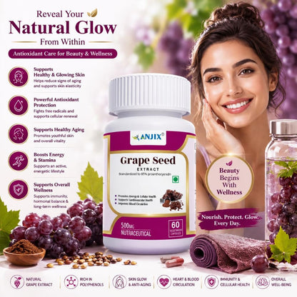 ANJIX Grapes Seed Extract 500mg Capsules, Antioxidant Supplement, Promote Healthy Hair And Skin And Good Health, Healthy Cholesterol Level, Boost Immunity, 60 Veg capsules