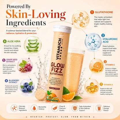 Vitamuch Glow Fizz | Glutathione Effervescent Tablets for Skin Brightening & Anti-Aging | With Hyaluronic Acid & Vitamin C | Drop, Fizz & Drink Formula | (15 Days(Pack of 1), Orange)