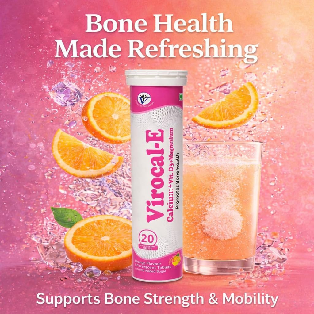 Virgo Healthcare Virocal-E Calcium + Vitamin D3 + Magnesium Effervescent Tablets | Orange Flavour | Bone Health Support | Muscle Strength & Immunity Support | 20 Effervescent Tablets