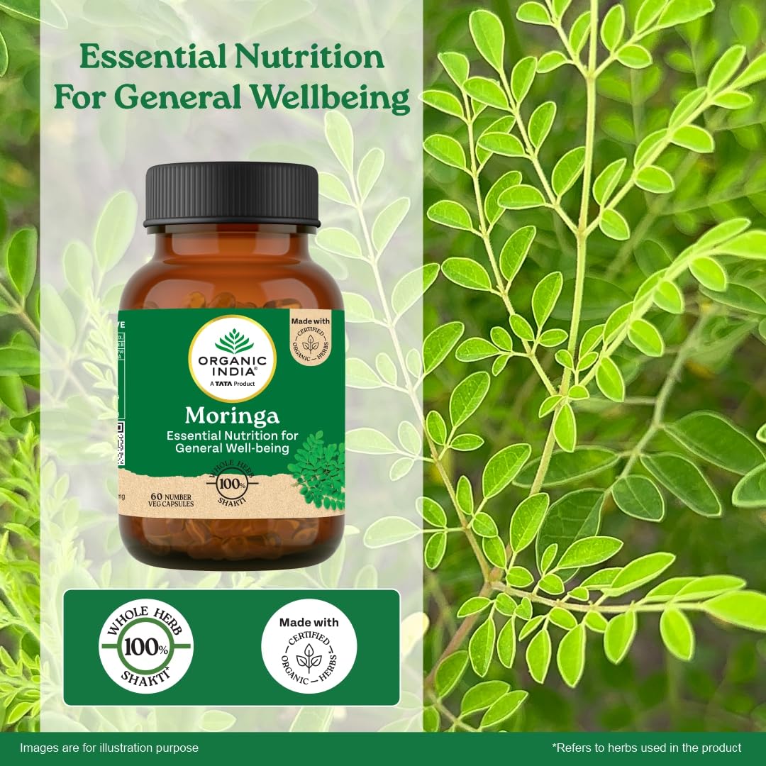 A TATA Product - Organic India Moringa Capsules - 60 Veg Caps, Essential Nutrition Superfood, Helps Naturally Boost Energy Level, Improves Stamina, Rich In Vitamins & Minerals, GMP & NPOP Certified Organic