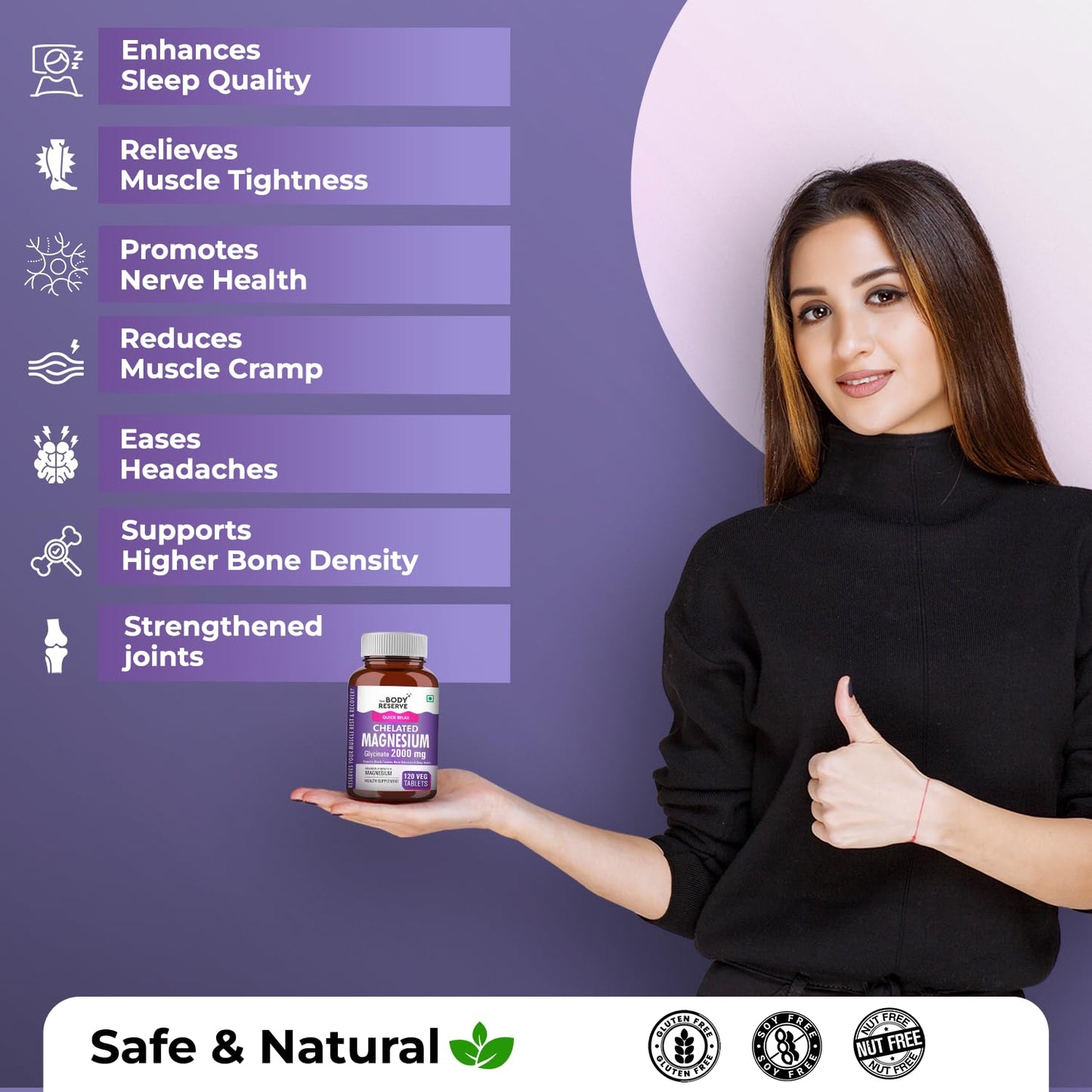 The Body Reserve Magnesium Glycinate Supplement 120 Veg Tablets, 2000mg Per Serving, High Absorption Chelated Form, helpful in Muscle & Nerve Relaxation, Better Sleep Quality for Men, Women, Pack of 2