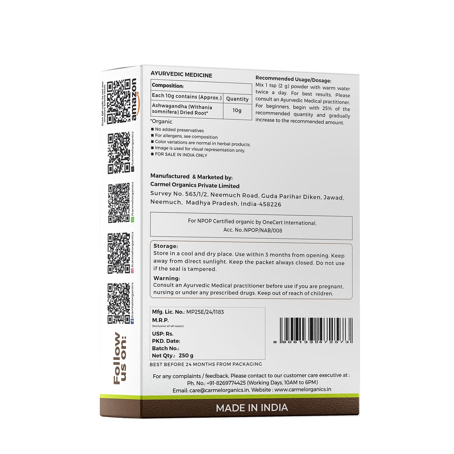CARMEL ORGANICS Ashwagandha Root Whole (250 g) | Jaivik Bharat Certified | Helps Fight Anxiety and Stress | Withania Somnifera | Non-GMO | No added Preservatives