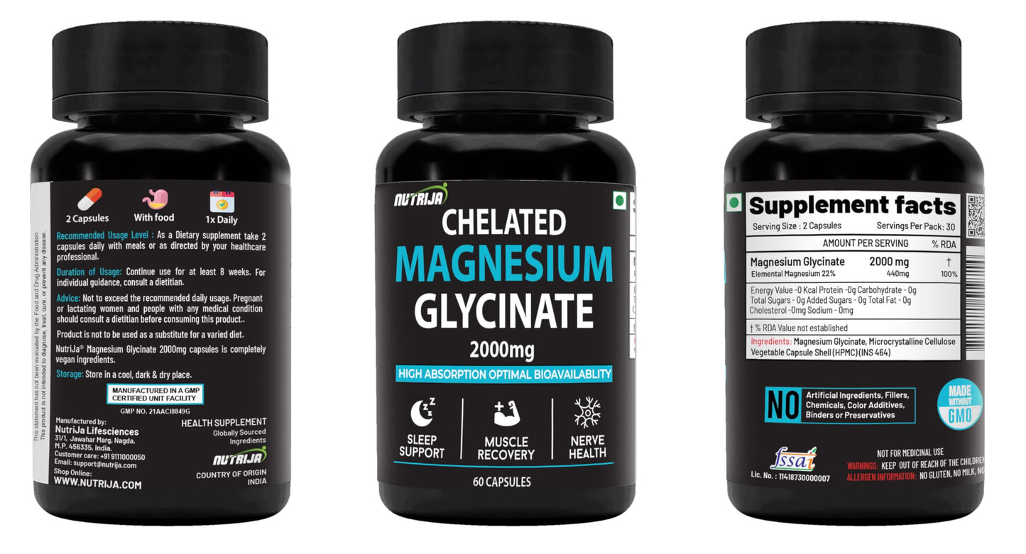 NutriJa Magnesium Glycinate 2000mg Supplement | Contains Elemental 22% (440mg) Per Serving - Superior Absorption & High Potency - 60 Veg Capsules