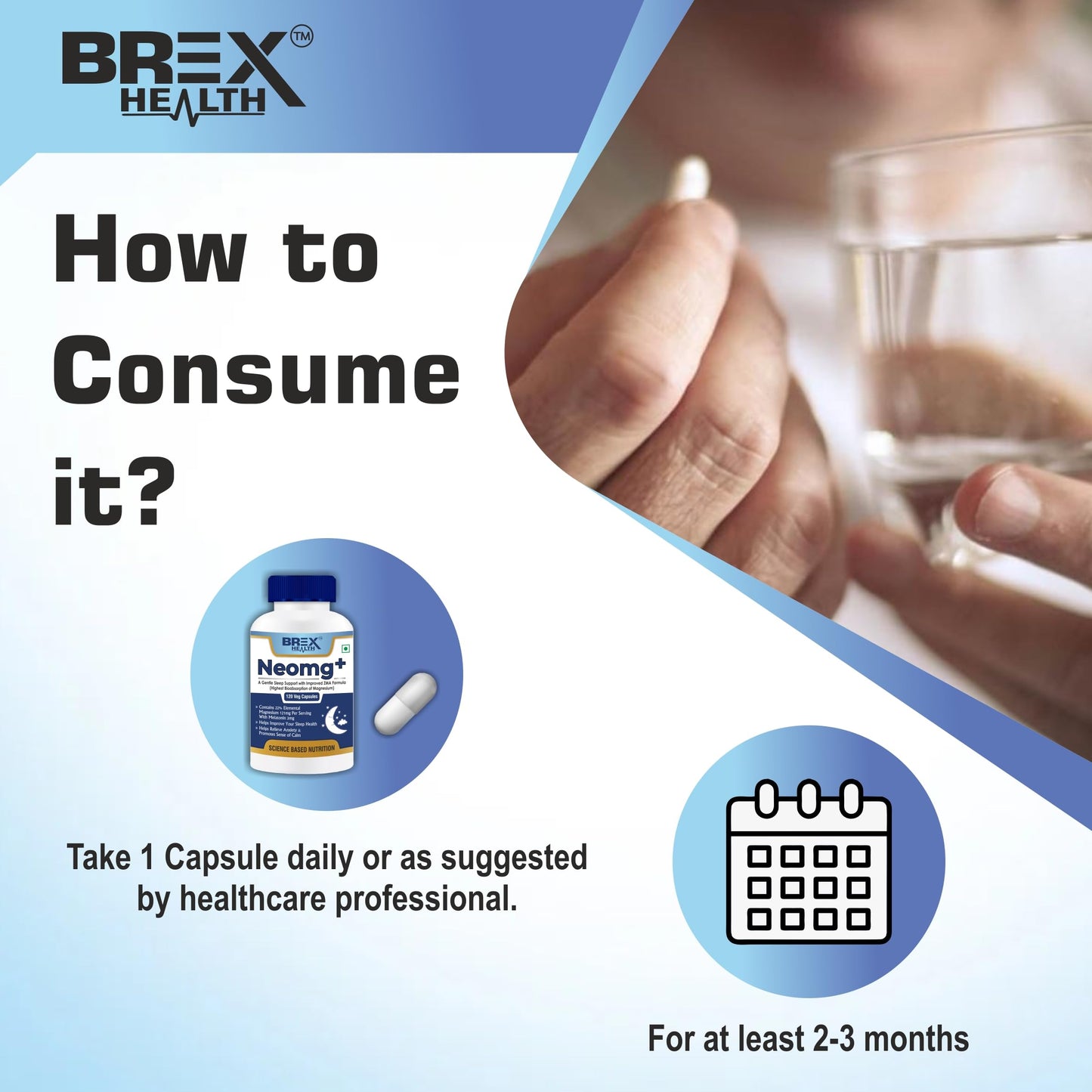 Brexhealth Neomg+ Highest Bioabsorption Of Magnesium Glycinate With Zinc, Valerian Root, Vitamin B6 & D3-120 Veg Capsules, Pack Of 1