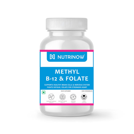 Nutrinow Methyl B12 & Folate Chewable Tablets | Vitamin B12 (Methylcobalamin), Vitamin B6 & Folate Supplement for Nerve Health, Brain Function, Heart Wellness & Energy Support | 100 Tablets