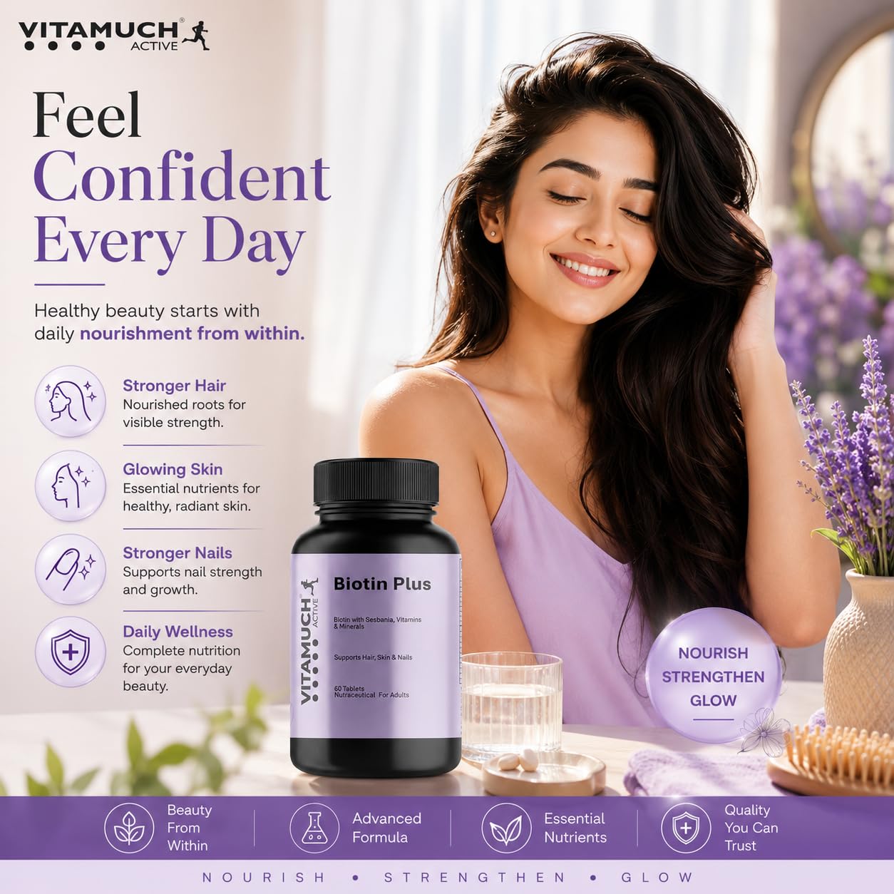 Vitamuch Biotin Plus Tablets with Zinc Iron Vitamins A C D3 E B12 Folic Acid | Hair Skin Nails Support Supplement | 60 Tablets