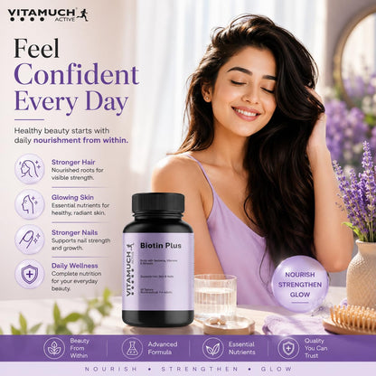 Vitamuch Biotin Plus Tablets with Zinc Iron Vitamins A C D3 E B12 Folic Acid | Hair Skin Nails Support Supplement | 60 Tablets