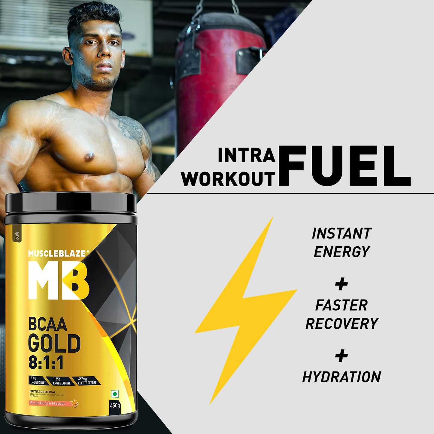 MuscleBlaze Bcaa Gold 8:1:1 Powder (Fruit Punch, 450G, 30 Servings) | W- image 4