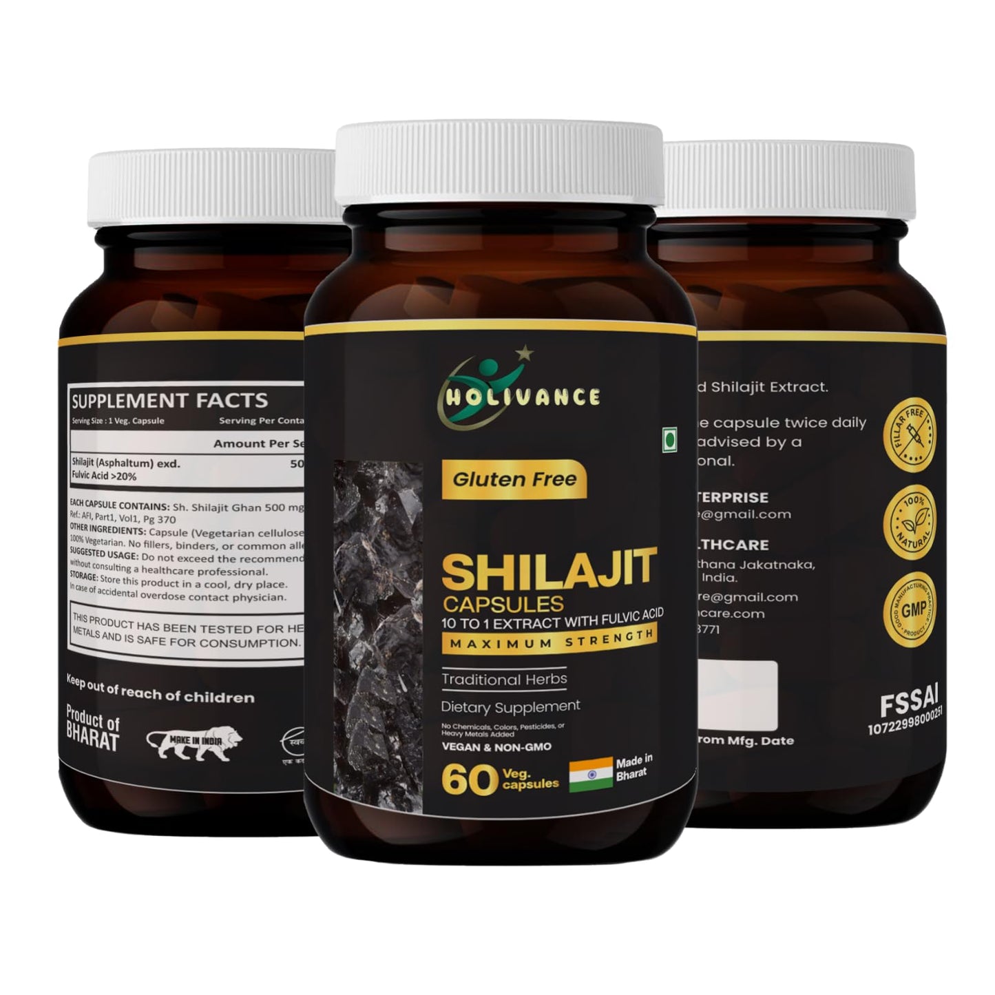HOLIVANCE Himalayan Shilajit 500mg Maximum Potency Organic Capsules 60 Count with Fulvic Acid & Trace Minerals for Enhanced Energy and Immune Support Men & Women