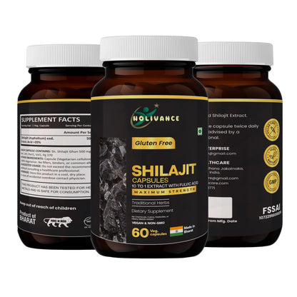 HOLIVANCE Himalayan Shilajit 500mg Maximum Potency Organic Capsules 60 Count with Fulvic Acid & Trace Minerals for Enhanced Energy and Immune Support Men & Women