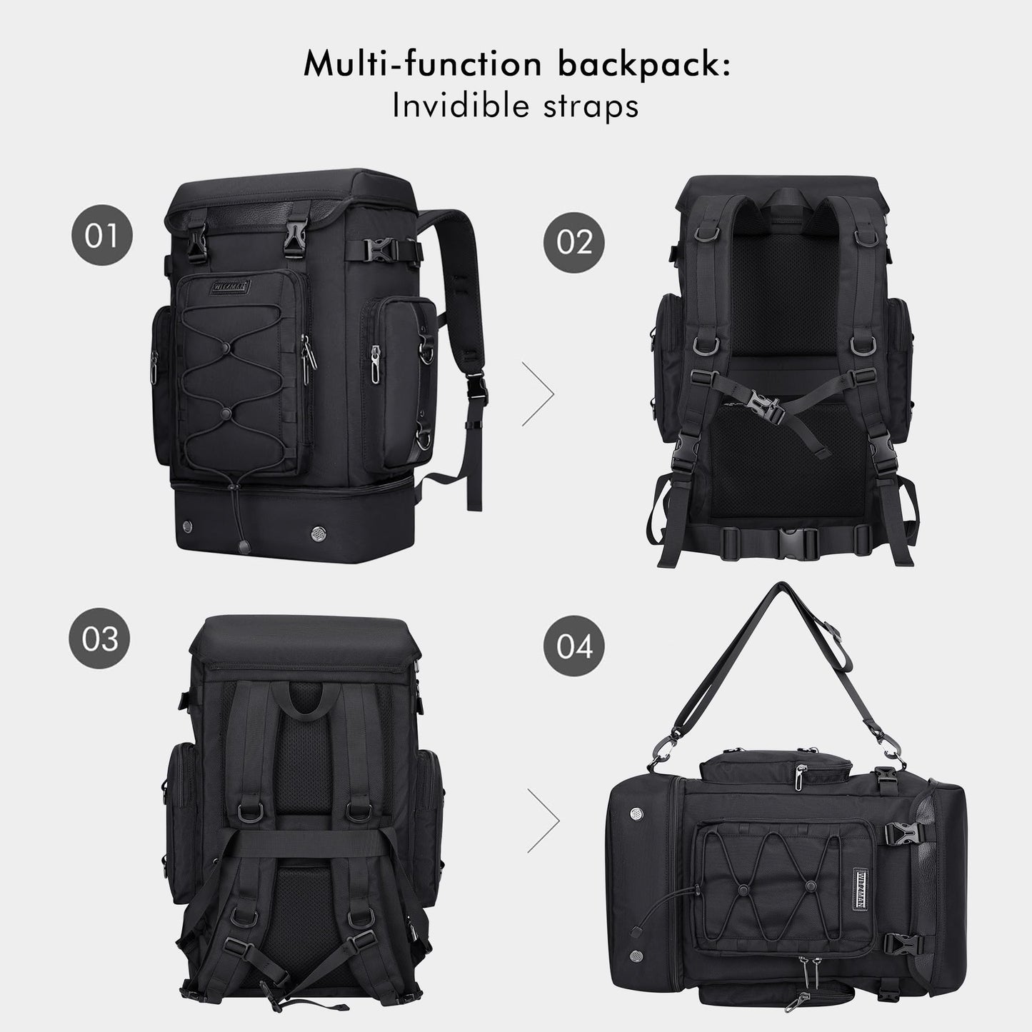 WITZMAN Travel Backpack for Men Carry on Bags for Airline Approved Convertible Duffle Luggage Backpack with Shoe Compartment（B691 Black）