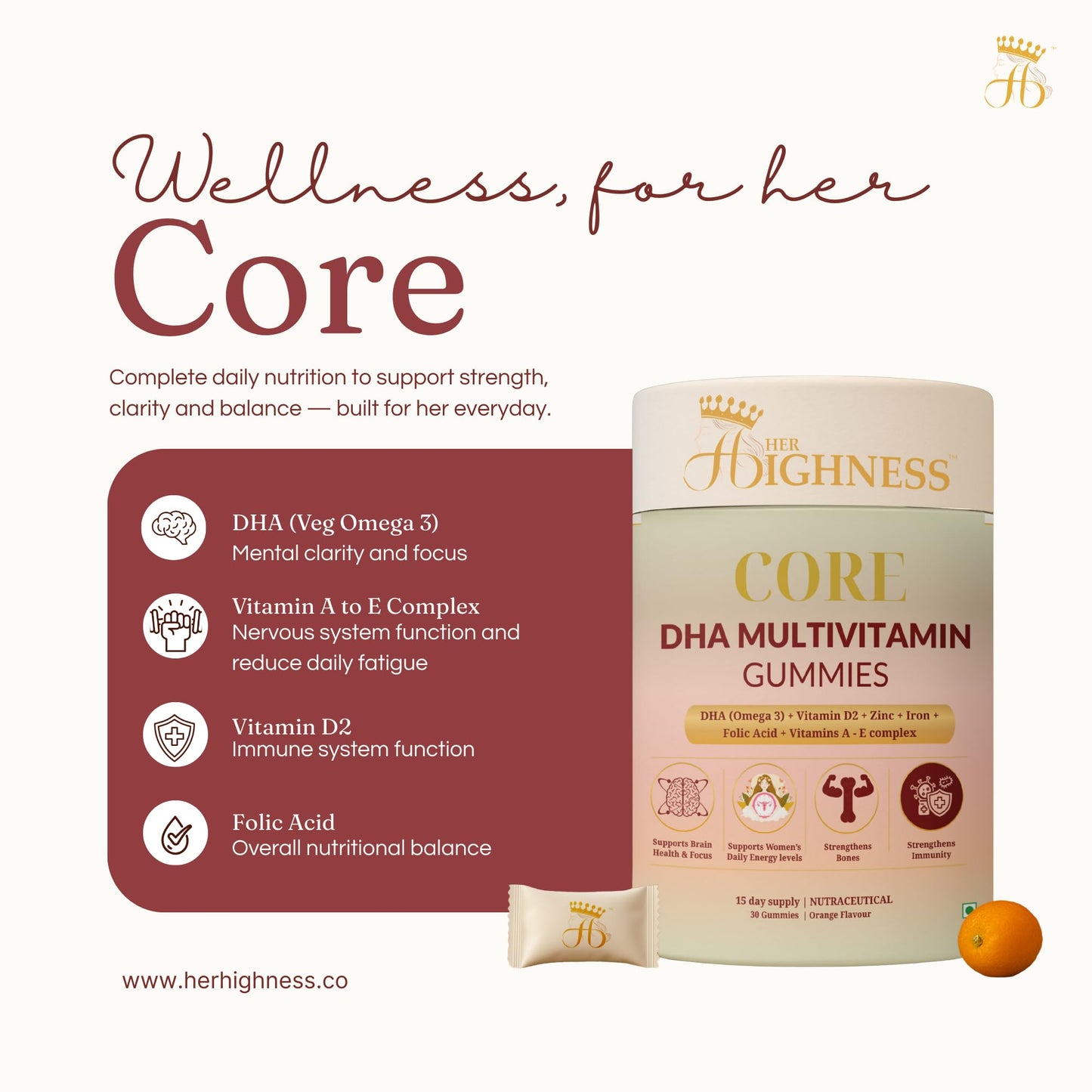 Her Highness CORE DHA Multivitamin Gummies for Women | 30 Gummies | Veg Omega 3 DHA, Vitamin B Complex, Vitamins A, C, D2, E, Zinc, Iron, Folic Acid | Brain Health, Focus, Energy, Bone Strength & Immunity Support | No Added Sugar | No Added Preservatives
