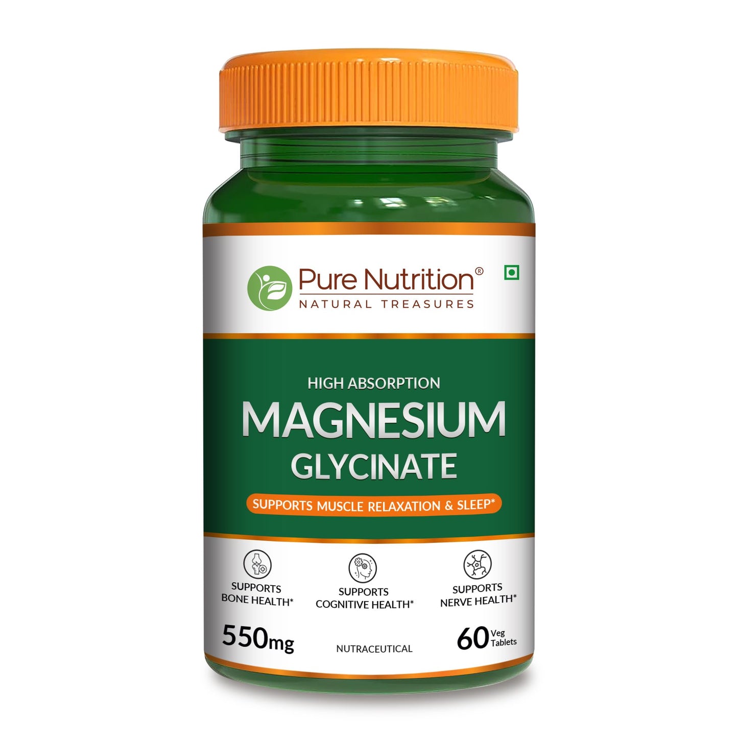 Pure Nutrition Magnesium Glycinate 550mg - 60 Tablets | High Absorption Magnesium Supplement for Daily Wellness | Supports Muscle Relaxation, Sleep & Nerve Function