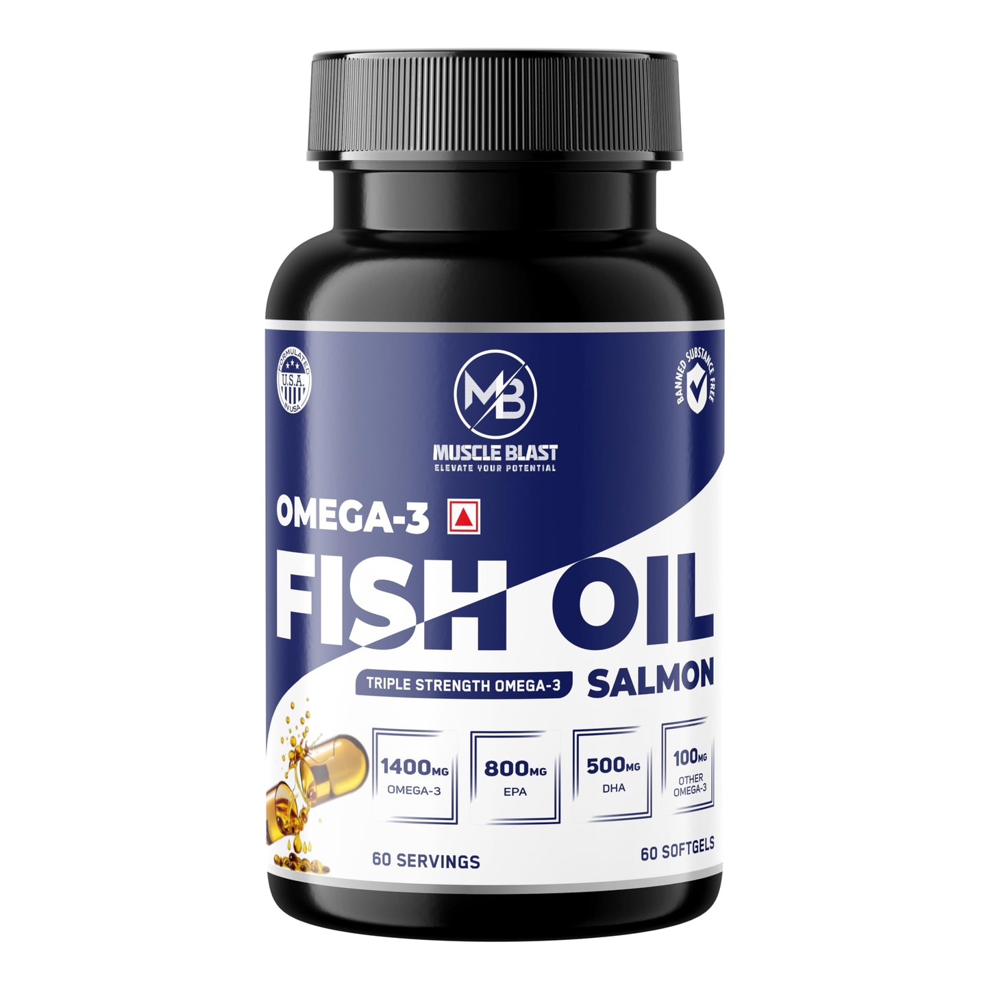 Muscle Blast Omega-3 Fish Oil Capsules, Triple Strength Salmon Oil with 1400mg Omega-3, 800mg EPA & 500mg DHA – Heart, Brain & Joint Health Support, 60 Softgels