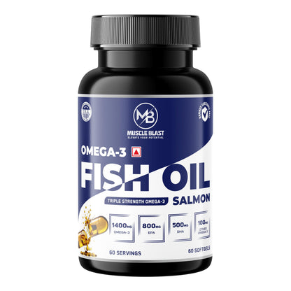 Muscle Blast Omega-3 Fish Oil Capsules, Triple Strength Salmon Oil with 1400mg Omega-3, 800mg EPA & 500mg DHA – Heart, Brain & Joint Health Support, 60 Softgels