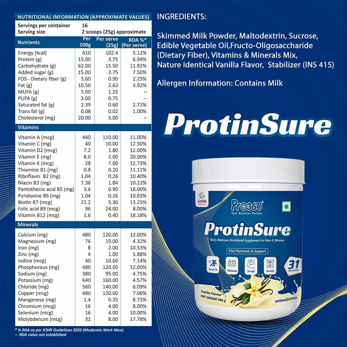 Pro360 ProtinSure Protein Powder Nutritional Supplement for Daily Wellness for Men and Women - Vanilla flavour 400g
