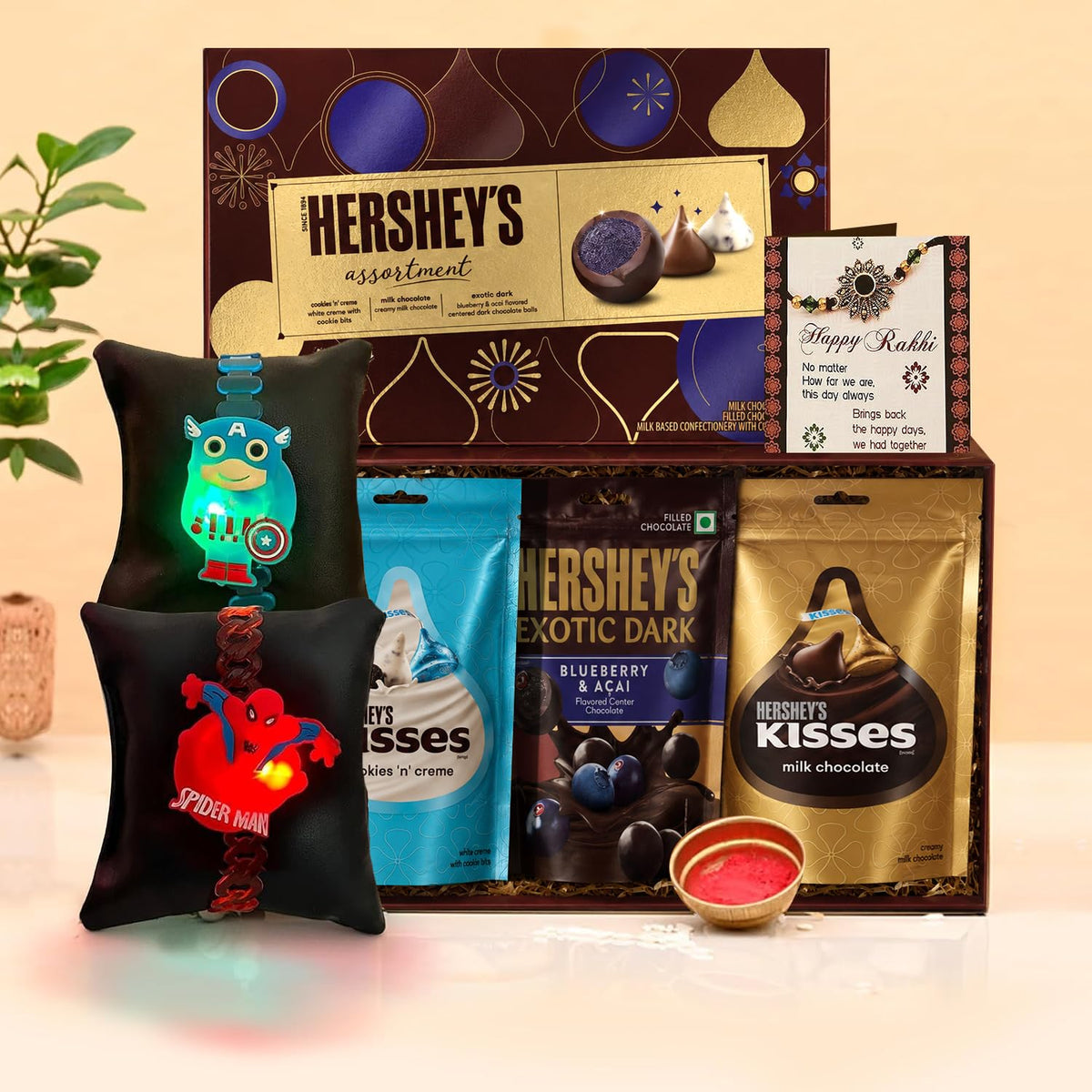 TIED RIBBONS Kids Rakhi For Brother With Chocolate Gift Pack - Set Of 2 Kids Rakhi With Lights And Chocolates Gift Pack and Roli Chawal, 149 Grams