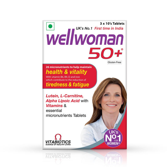 Wellwoman 50+ multivitamins for women over age 50 years with Vitamins, Iron, calcium, amino acids to support menopausal symptoms, maintain energy, Vision & Heart health| Vegetarian 30 Tablets